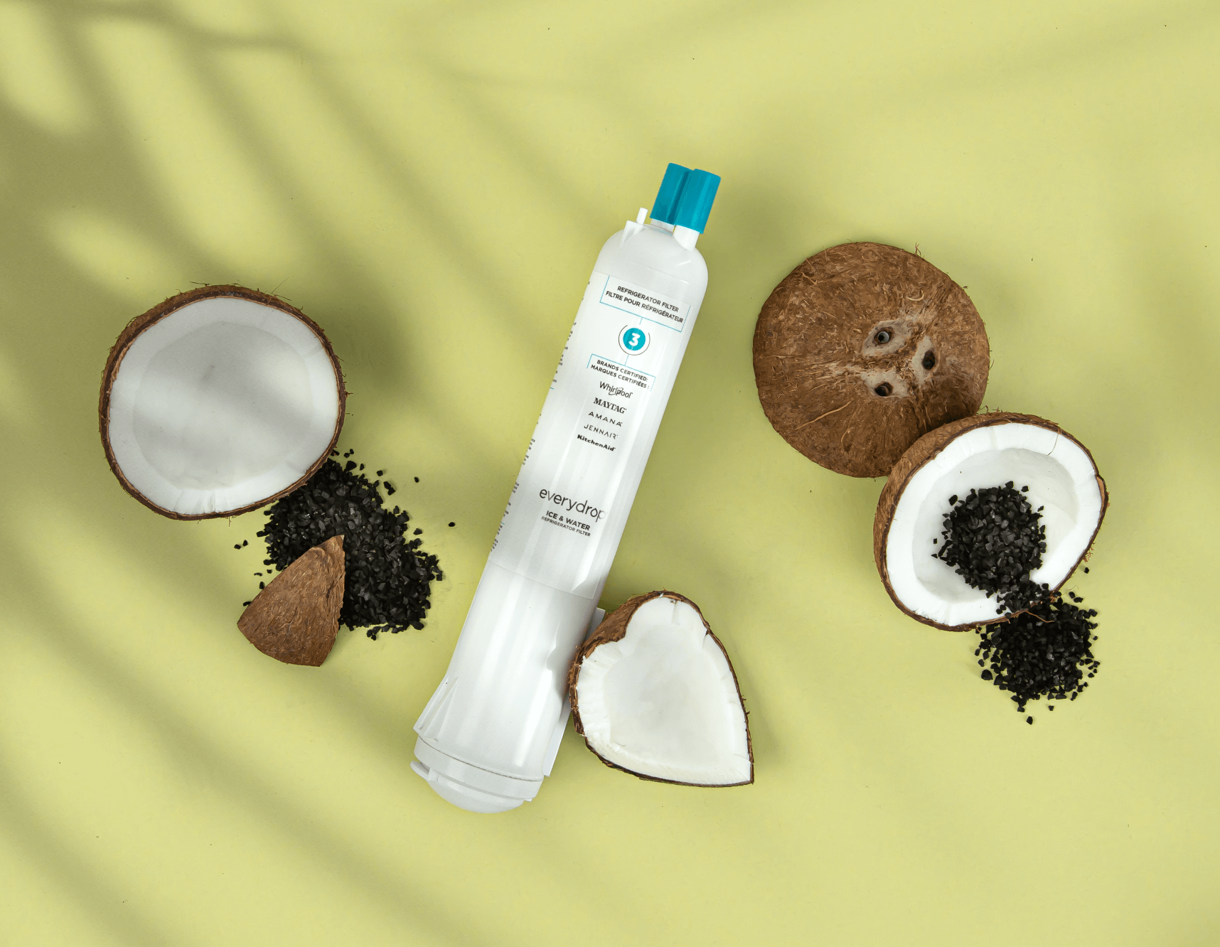An everydrop® filter arranged among cut coconuts and piles of carbon.